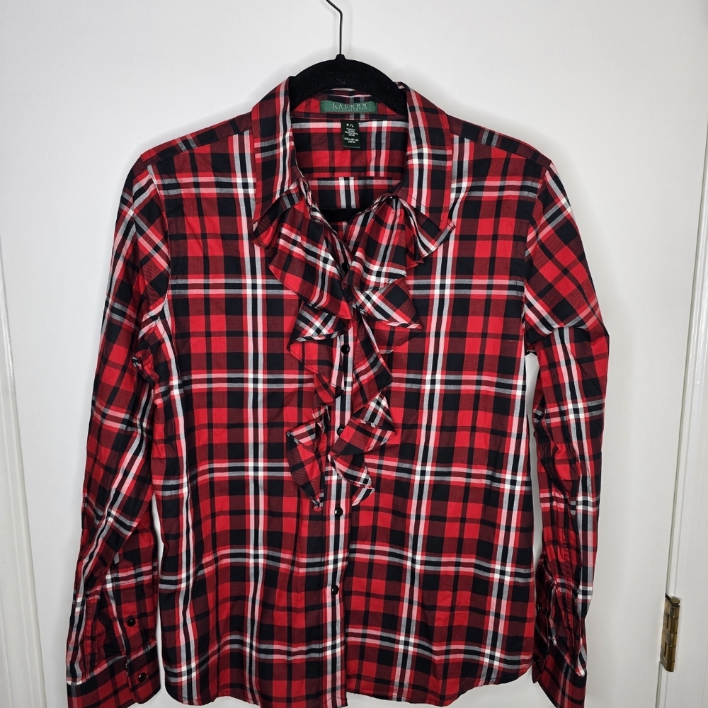 Lauren Ralph Lauren Red Plaid Blouse Petite Large